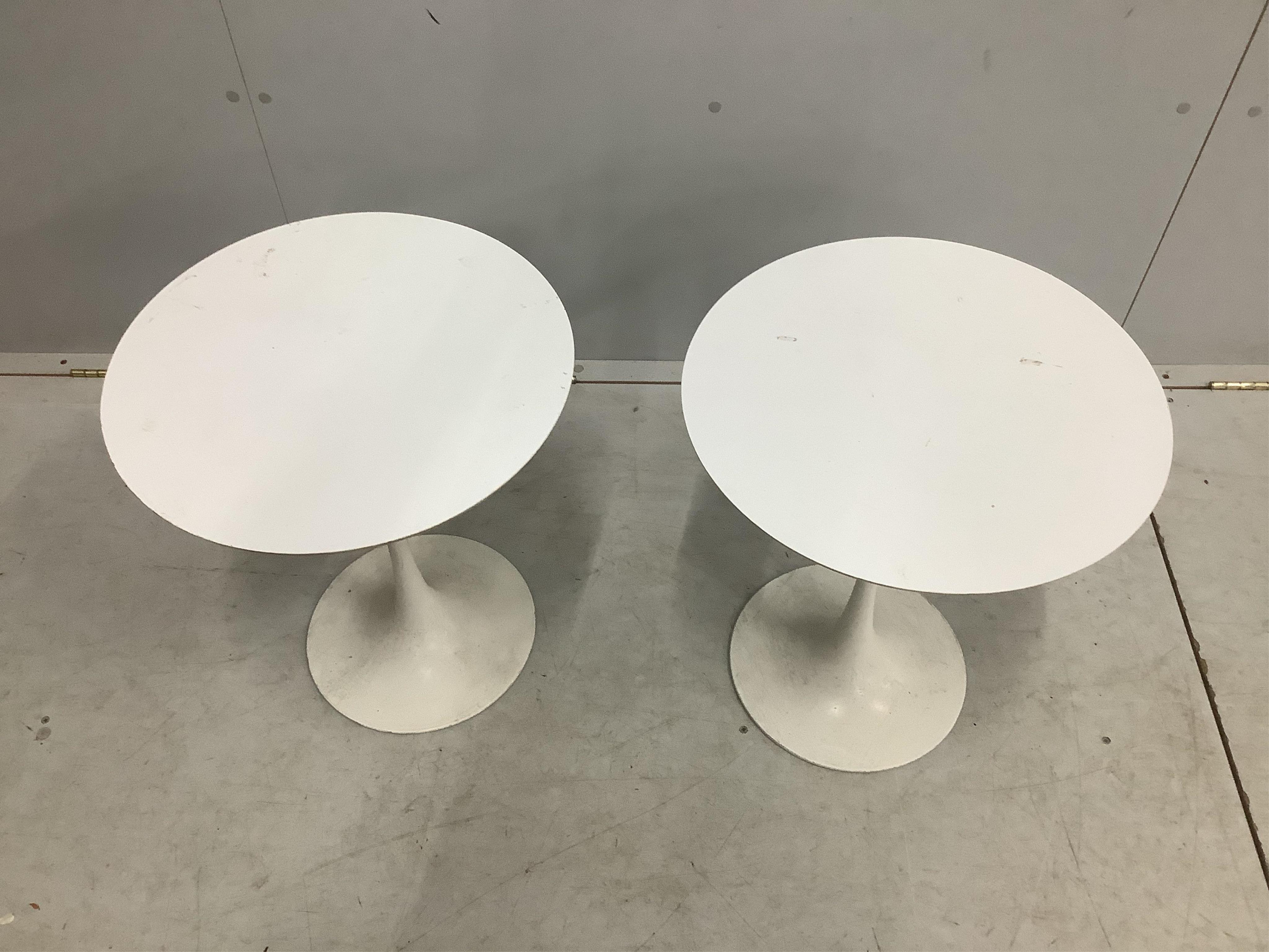 A pair of circular Arkana Tulip occasional tables, diameter 44cm, height 51cm together with a similar stool. Condition - fair